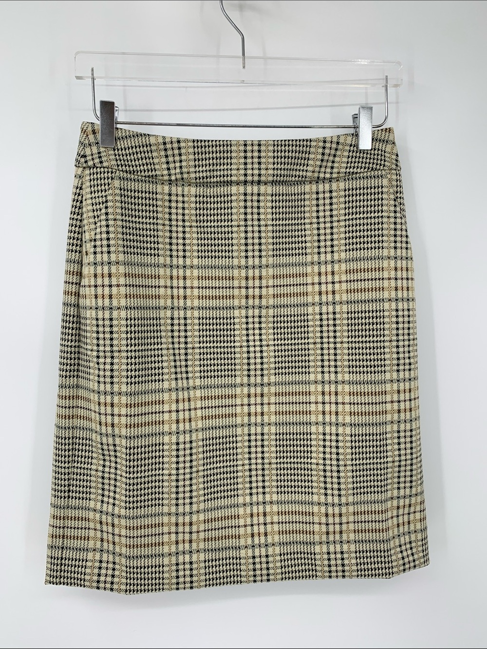 Cabi Pastime Plaid Houndstooth Mini Skirt tan brown pencil check straight new 4